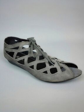 MIA Grey Suede Leather Gladiator Lace Up Laser Cut Cage Peep Toe Flats Size 9M